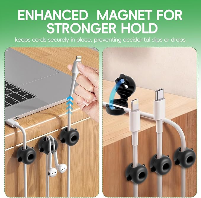 8-Pack Magnetic Cable Management Clips for Home Office Desk, Cord Organizer | reusable, strong adhesive, silicone wire staples keeper, stick-on wire holder clamps, work on wall, nightstand, car dashboard