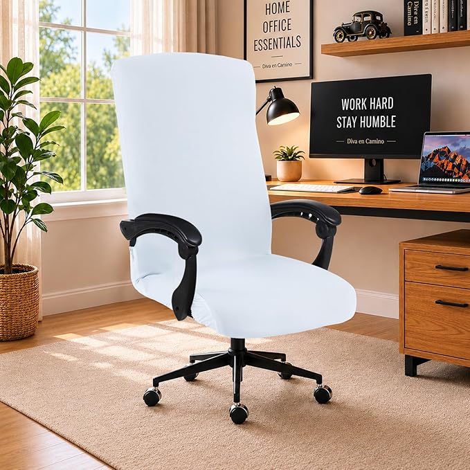 Stretch Computer Office Chair Cover with Durable Zipper - Universal Washable Removable Spandex Rotating Boss Chair Slipcovers - Anti-dust Soft Desk Chair Seat Protector for Dogs, Cats, Pets (White)