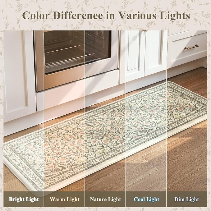KIMODE Anti Fatigue Kitchen Mats for Floor, Boho Floral Kitchen Runner Rug 24"x59", Paded Kitchen Floor Mats, Waterproof Laundry Room Rug, Bath Mat for Sink Home Decor, Beige Office Standing Desk Mat