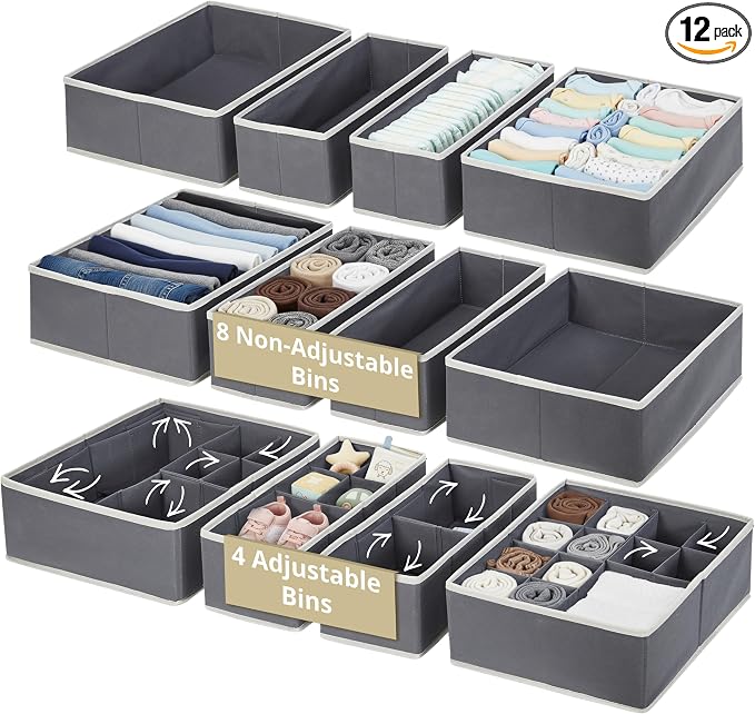 DECOMOMO Adjustable Drawer Organizer Clothes, 12 Pack Drawer Dividers | Fabric Storage Bins, Baby Dresser Organizer for Nursery, Underwear, Bra, Socks (Grey)