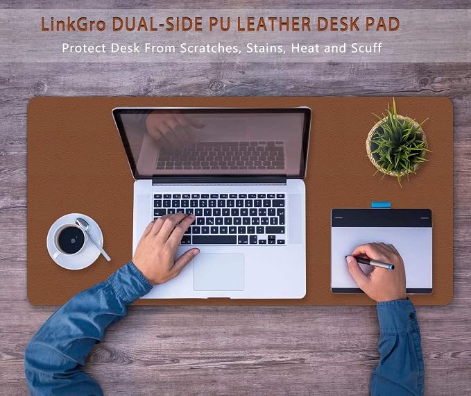 Writing Desk Pad Laptop Mat PU Leather Desk Blotter Pad Waterproof Durable Desk Mat Dual-Sided Writing Mat 16 X 24 Inch Anti-Slip Table Pad Protector for Office & Home (Espresso Brown/Midnight Blue)