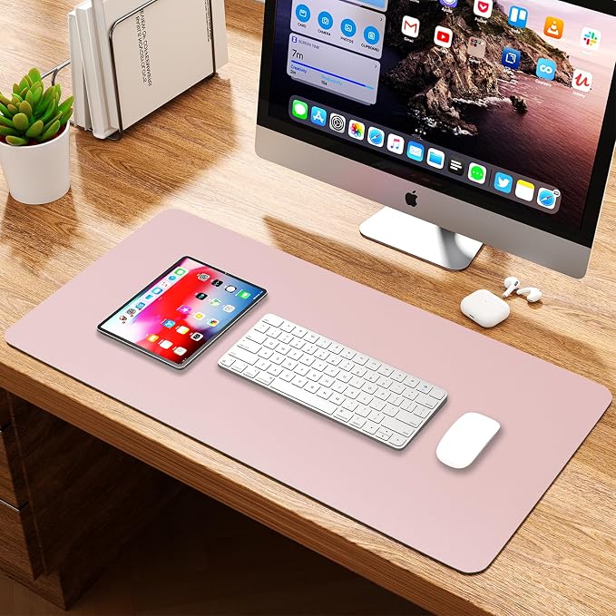 Leather Desk Pad Protector, Waterproof Mouse Pad, PU Desk Mat, Office Desk Cover, Desk Writing Mat for Office/Home/Work/Cubicle (Light Pink) 23.6x13.7 in