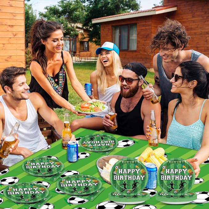 Soccer Party Supplies Serves 24 Soccer Birthday Decorations Party Paper Plates and Napkins Includes Plastic Sports Birthday Disposable Tablecloth Set Tableware for Sports Party Supplies for Boys Girls