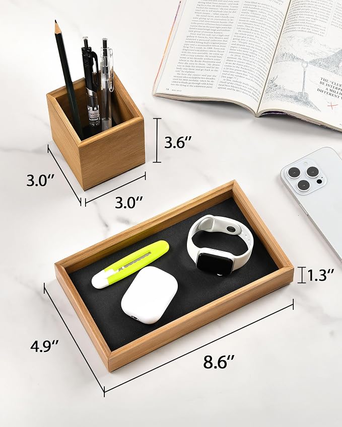 HULISEN Wooden Desk Organizer Tray, Pencil Holder with Felt Lining | Non-Slip Desk Tray Set, Pen Storage Compartment, Space-Saving Design, Desktop Accessory for Room Office & Workspace