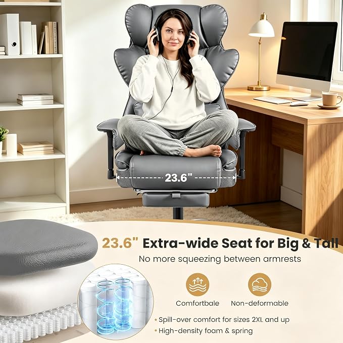 Office Chair 400 LBS, Heavy Duty High Back Executive Desk Chair | 23.6" Extra Wide Seat with Footrest, Ergonomic High Back with Lumbar Support, 165° Recline, 3.2" Adjustable Padded Arms, Gray