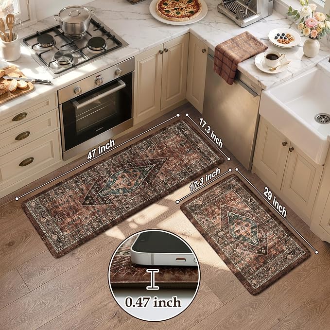 KIMODE Kitchen Mats for Floor Cushioned Anti Fatigue, Floral Kitchen Rugs Sets of 2, Brick Rugs for Kitchen Floor, Comfort Kitchen Floor Mats, Ergonomic Standing Desk Mat for Sink Laundry Room Decor