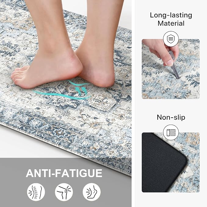 GENIMO Kitchen Mats for Floor 2PCs, Washable Anti Fatigue Mat for Cushioned, 20"x48"+20"x32", Waterproof Kitchen Rugs, Non Slip Comfort Standing Mat Rug for Home, Sink, Laundry, Light Blue