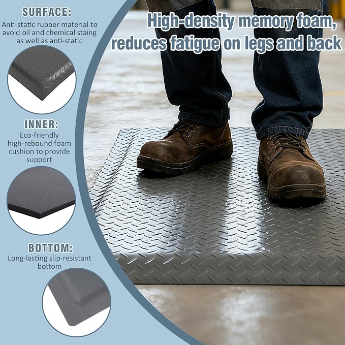 Anti Fatigue Mats Industrial 3' x 7' 15/16" Thick Ergonomic Standing Mat Commercial Kitchen Mat Heavy Duty Diamond Plate Shop Floor Mat Helps Relieve Back and Leg Soreness