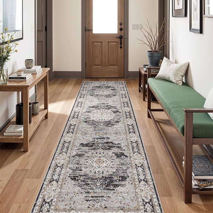 3x10 Runner Rug for Hallway Washable: Non Slip Kitchen Rugs with Rubber Backing Soft Waterproof Mats Stain Resistant Indoor Vintage Carpet Runner for Bedroom Bathroom Laundry Entryway Black/Gray