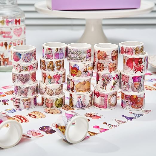 Washi Tape Set 21 Rolls,Birthday Decorative Masking Tapes | Junk Journal, Scrapbooking Supplies,Party Fovors for wedding, birthday
