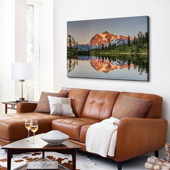 Nature Mountain Scenery Canvas Wall Art Home Decorations Mount Baker Washington Landscape Picture Wall Decor Sunset Forest River Panoramic Painting for Modern Living Room Bedroom Framed Artwork 32x48"