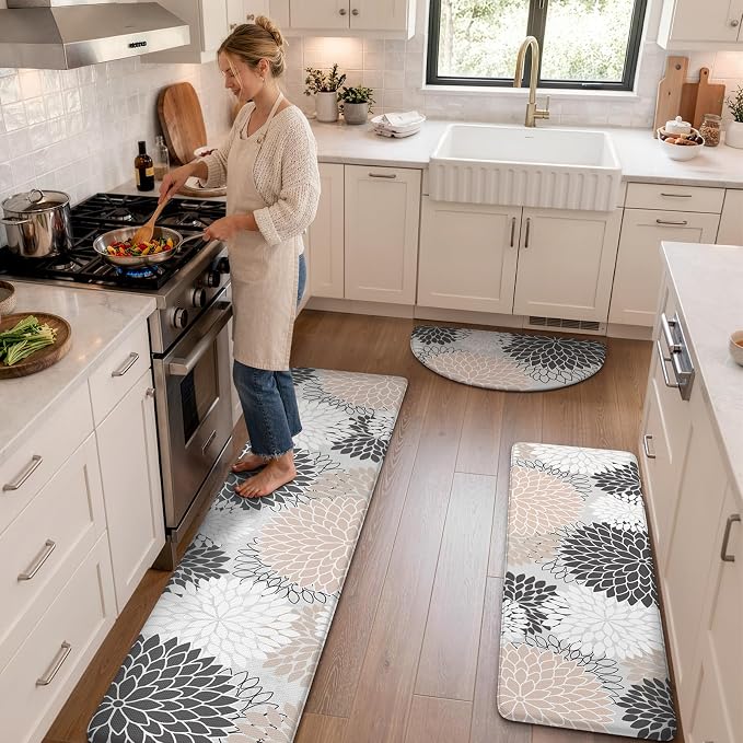 KIMODE Half Circle Anti Fatigue Mats for Kitchen Floor Rug Sets of 3 | 18"x28+18"x47"+18"x59",Pink,Dahlia Floral Boho,Half Round,3PCS,Non Slip,Waterproof,for Sink Office Laundry Bathroom Decor