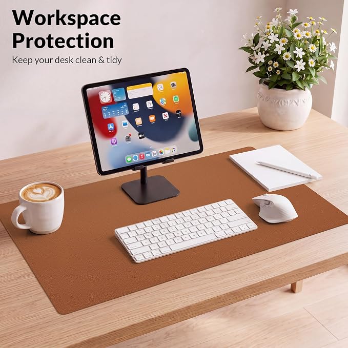 AFIING Leather Desk Mat, Brown, 31.5" x 17", Cork Desk Pad Protector | Dual-Sided Cork & PU Leather Desk Pad, Waterproof, Non-Slip for Mouse, Writing, Office, Home & Study