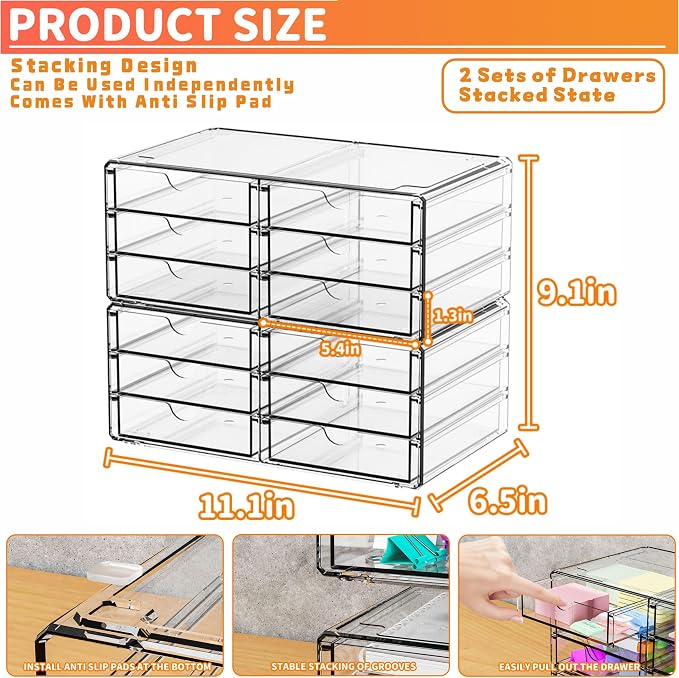 2 Pack Acrylic Storage Drawers With 12 Small Drawer,Stackable Office Cabinet Organizer and Makeup Organizer,Clear Plastic Drawers for Craft Supply,Pen,Stationary,Accessory,Makeup,Desk Organizer