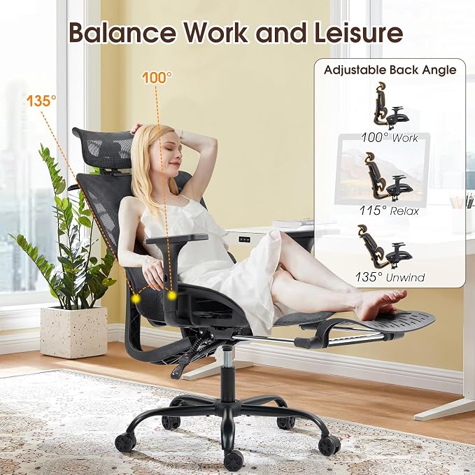 Black Ergonomic High Back Mesh Office Chair with Footrest | Adjustable Lumbar Support, 3D Armrests, Headrest, 135° Reclining, Swivel, Home Office