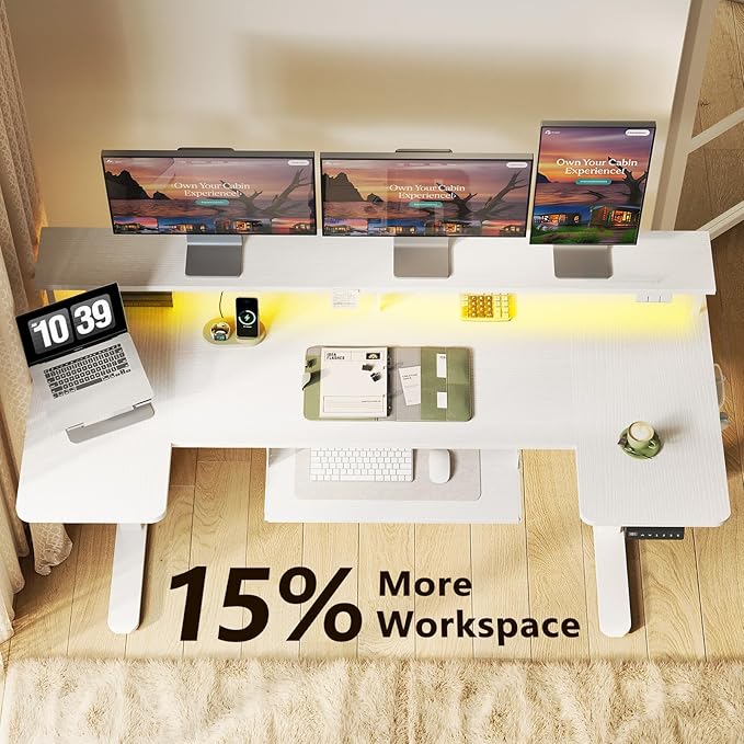 OffiGo U Shaped Electric Standing Desk with Keyboard Tray, 63 Inch Height Adjustable Desk with Power Outlets & LED Lights, Sit Stand Table with Monitor Stand for Home, Office, White