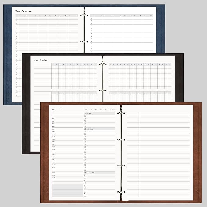 EMSHOI Undated Daily Planner 9.2" X 12", A4 To Do List Notepad, 240 Pages Ring Binder Planner Hardcover Leather Notebook for Work Business Meeting, with Yearly Schedule, Habit Tracker, Blue