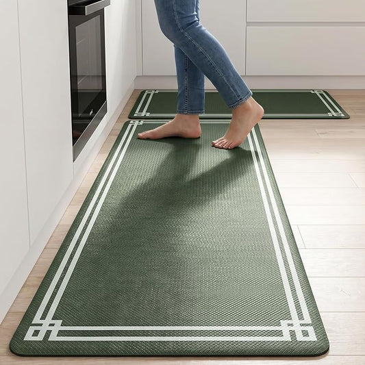 Dark Green Retro Elegance Frame Textured Kitchen Rug Sets [2 PCs], Anti-Fatigue, Waterproof Non-Slip Kitchen Mats Heavy Duty Comfort Foam Rug for Kitchen, Floor, Laundry,17"x29"+17"x47"