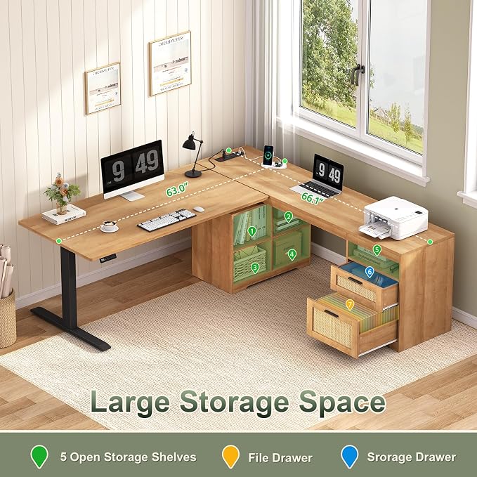 YOMILUVE 66 inch Rattan L Shaped Standing Desk with Storage for Home Office | Corner Electric Standing Desk with Drawers ＆ Storage Shelves, Height Adjustable Computer Desk with Power Outlets, Oak
