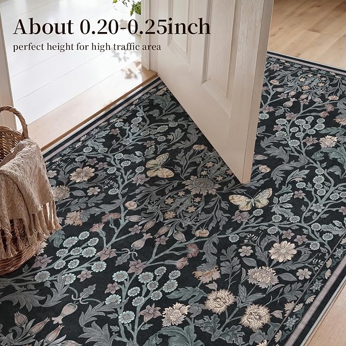 Puino Washable Entryway 3x4 Rug: Small Rugs for Indoor Entrance Vintage Floral Non Slip Backing Door Mat Low Pile Stain Resistant Carpet for Bedroom Kitchen Bathroom Bedside Dark Botanical