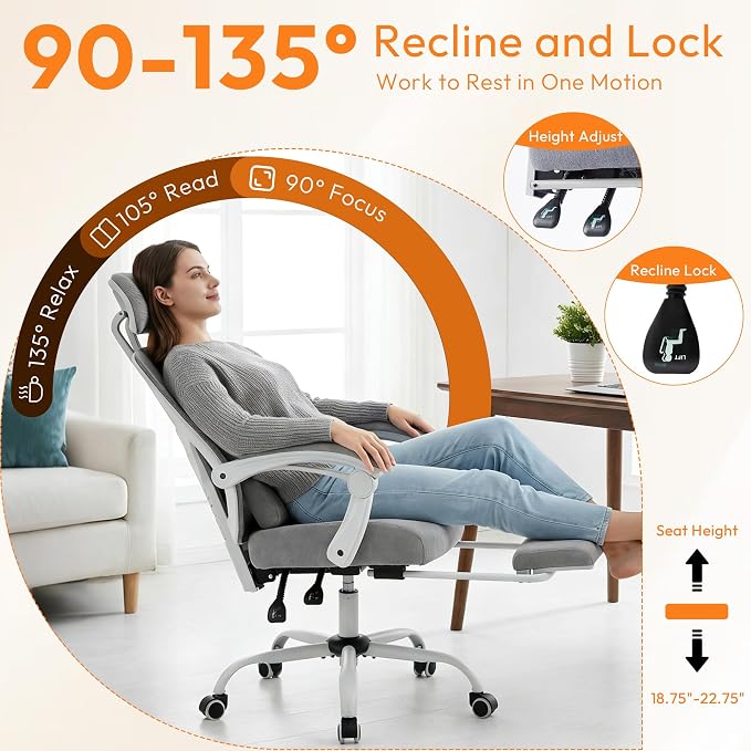 Ergonomic Office Chair with Footrest, Comfortable Desk Chair Gaming Chair | Leg Rest, Swivel Mesh Desk Chair with Headrest and Lumbar Support for Home, Office, Work, Study, Grey