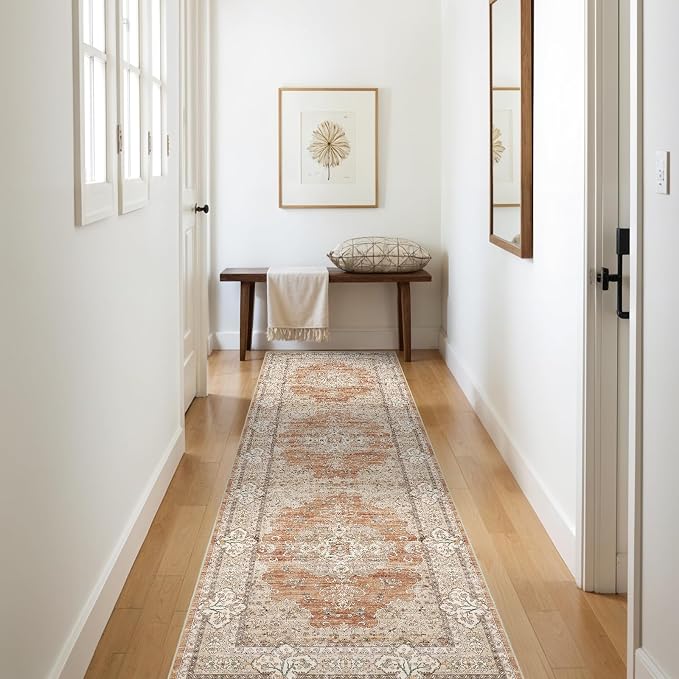 3x10 Runner Rug for Hallway Washable: Non Slip Kitchen Rugs with Rubber Backing Soft Waterproof Mats Stain Resistant Indoor Vintage Carpet Runner for Bedroom Bathroom Laundry Entryway Brick/Terracotta