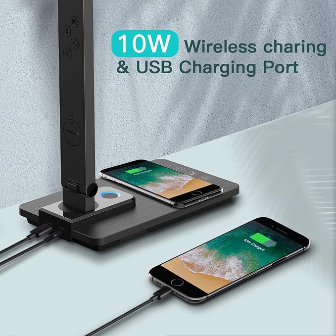 LAOPAO LED Desk Lamp with Wireless Charger: Desk Lamps for Home Office Bedroom, 5 Color Modes & Brightness Dimmable, 2 Night Light