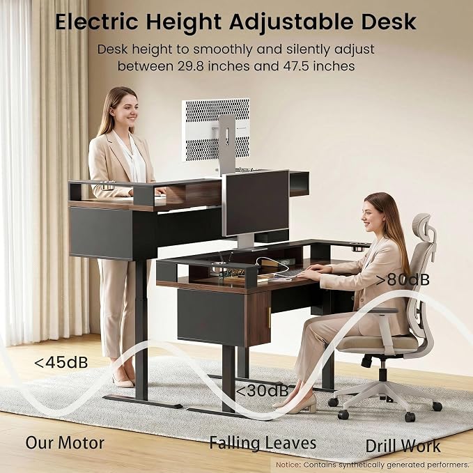 ModernMate 61'' Electric Standing Desk with Drawers, Dual Cup Holders | Height Adjustable Desk, Built-in Power Outlet & USB Ports, Monitor Stand, Sit Stand Table for Home Office, Black Walnut