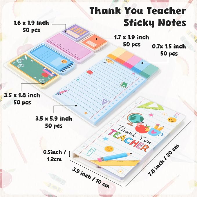 B1ykin Cute Sticky Notes Set - Thank You Teacher Self-Stick Notes Pad, 550 Sheets Writing Memo Pages Sticky Notepad for Teacher Appreciation Gifts, School Office Supplies (Composition Line Teacher)