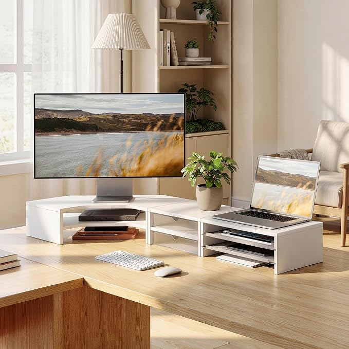 Fenge Dual Monitor Stand with Storage, Corner Desk Shelf for Top of Desk | Wooden Monitor Riser with Drawer and Slide-Out Tray, 2 Tier Storage, for Home Office, Computer, Laptop, Printer