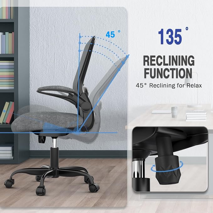 Mimoglad Ergonomic Office Chair - Desk Chair with Flip-up Armrests & 135° Recline, Adjustable Lumbar Support - Space-Saving Task Chair for Business/Team Office & Home (Iron Gray, 300lbs) | Supports 300 lbs · Seat 19.48"–23.4" · Breathable mesh · 20–30 ...