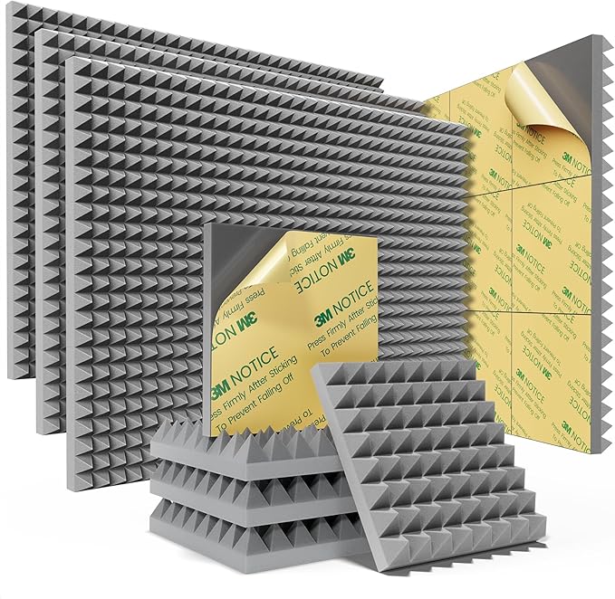 Sonicism Acoustic Panels Self-Adhesive 48 Pack Pyramid,2"X12"X12" Sound Proof Foam Panels for Walls Fast Expand,Soundproof Wall Panels 35kg/m³High Density,Sound Absorption and Decoration,Gray