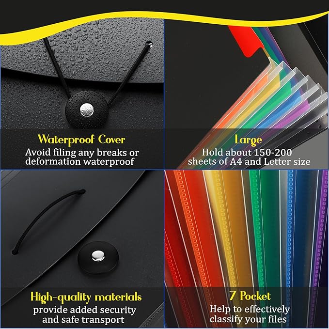Glenmal 10 Pcs 7 Pocket File Folders File Organizer Expanding Folder with Labels Plastic Pocket A4 Letter Size Paper Organizer for Office Back to School Supplies(Black)