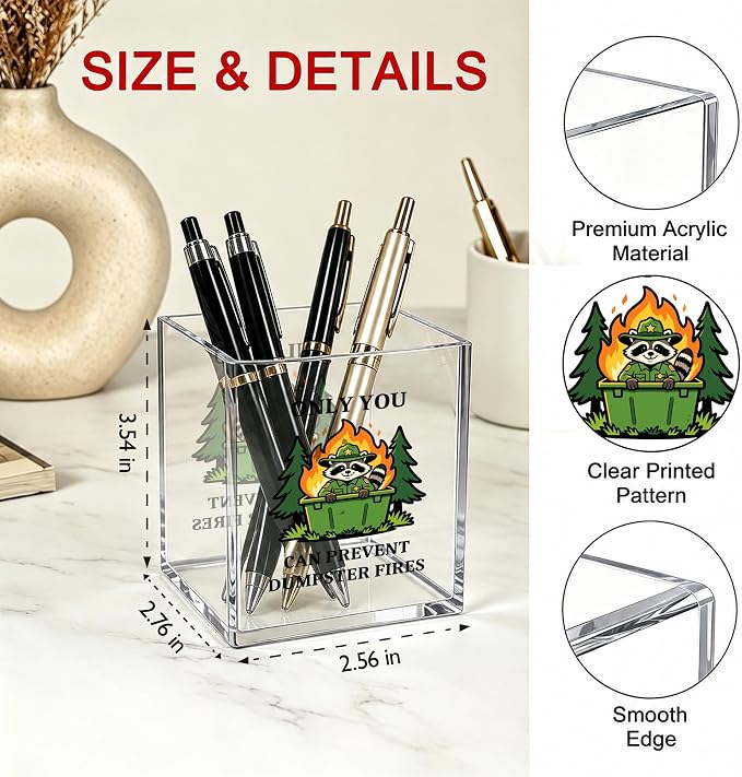 Funny Raccoon Office Acrylic Cosmetic Pen Pencil Holder Cup, Only You Can Prevent Dumpster Fires Cute Pencil Organizer, Unique Desk Accessories, Motivational Gifts for Women Men Coworker（A37）