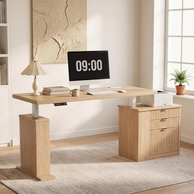 75.5'' Electric Standing Desk with Drawers, Farmhouse Height Adjustable Corner Desk, Sit Stand Office Desk with 4 AC Outlets & Type C Port, Executive Computer Desk, Natural