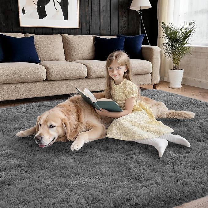 Ultra Soft Shag 8x10 Gray Area Rug – 8x10 Rugs for Living Room, Non-Slip, Fluffy Plush Large Carpet, Shaggy Furry Rug for Bedroom, Dorm, Kids and Girls Room, Nursery, Home Office Décor