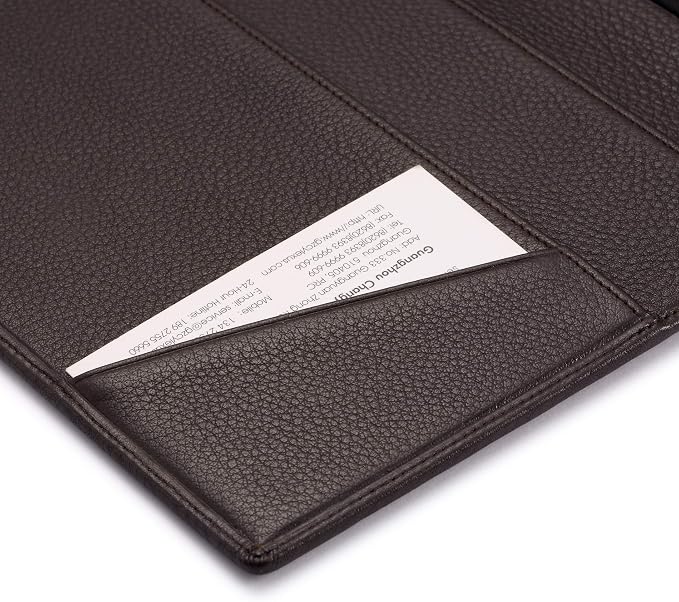 HISCOW Slim Leather Junior Padfolio, 5x8 Notepad Cover, Pebbled Coffee | Full-grain tumbled cowhide, top-loading legal pad holder, rigid pen loop, quick-access card slot, zipperless boardroom design