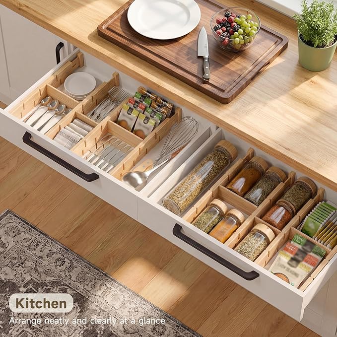 Bamboo Drawer Dividers, Expandable Kitchen Drawer Organizer | Include 8 Dividers, 8 Small Inserts and 8 Medium Inserts for Home, Office, Dressers