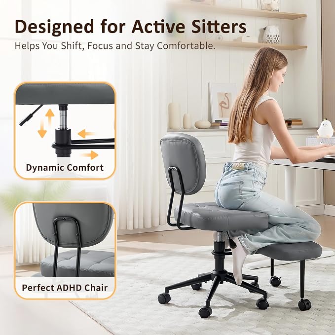 Criss Cross Chair Armless Office Chair for Cross Legged Sitting, 300lb Heavy Duty Ergonomic Desk Chair for ADHD, Adjustable Meditation Yoga Kneeling Chair with Brake Wheels for Home Office (Grey)