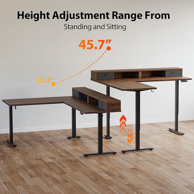 Agilestic L Shaped Electric Standing Desk with 2 Drawers, 63 Inch Ergonomic Adjustable Height Desk with Storage, Corner Desk Sit Stand up Computer Table for Work Office Home, Dark Walnut