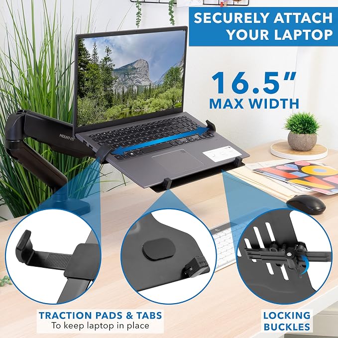 Mount-It! Laptop Desk Mount Arm with Gas Spring, Height Adjustable Laptop Stand for Desk, Fits Laptops up to 17 Inch, Full Motion Laptop Tray Mount with Clamp or Grommet Installation