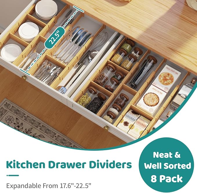 8 Pack Kitchen Drawer Dividers with Inserts, Bamboo Adjustable Drawer Organizers, Expandable Organization for Home, Dressers, 8 Dividers with 16 Inserts