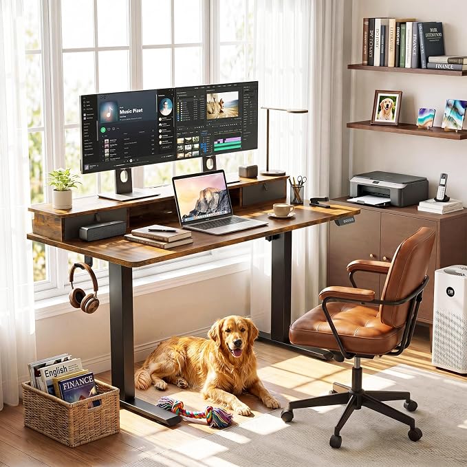 Veken 55x26 in Electric Standing Desk with Drawers, Adjustable Table, Brown | Stand up Computer Desk for Home Office, Work & Study, with Storage, 3 Memory Presets, Cable Organizer, Hook, and Quiet Lift.