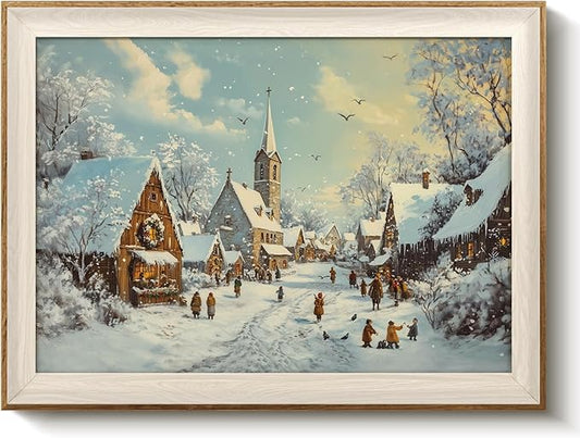 VIYYIEA Winter Framed Wall Art for Living Room, Snow Village Canvas Prints, Oil Painting Home Decor, Christmas Picture, Bathroom Wall Decor Gifts for Friends or Family - 16L x 12W