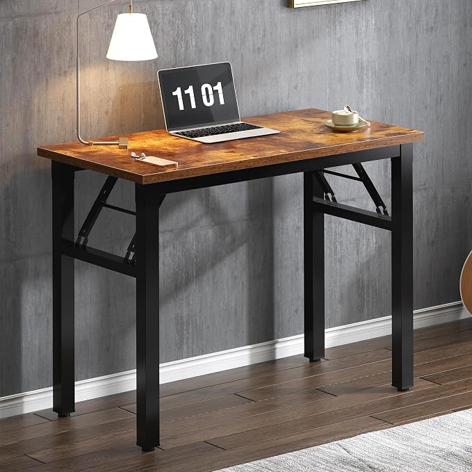 SogesHome No Assembly Folding Computer Desk, 31.5 Inch Small Compact Desk for Home Office, Modern Writing Table with Adjustable Leg Pads, Gaming Desk for Living Room and Small Spaces, Rustic Brown