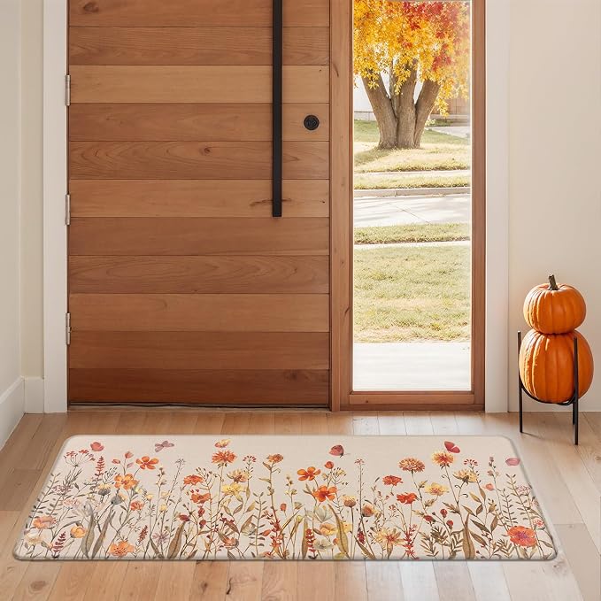 SHACOS Anti Fatigue Fall Kitchen Rugs Set of 2 Beige Orange Wild Flowers | Waterproof Non Slip Cushioned Kitchen Floor Mats Harvest Autumn Farmhouse Comfort Standing Mat 17x27.5+17x47"