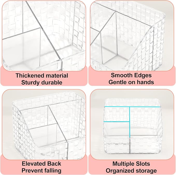 DASITON Makeup Brush Holder Organizer, 4 Slots Acrylic Makeup Brushes Storage Cup, Woven Texture Make Up Brush Holder for Vanity Bathroom Office, Pen Holder for Desk, Cosmetic Display Cases (Clear L)