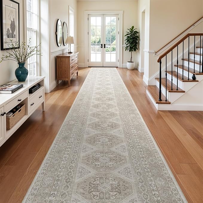 3x20 Runner Rug Kitchen Washable:Oriental Indoor Hallway Runners with Non Slip Backing Floor Mat for Entryway Door Low Pile Thin Carpet for Bedroom Bathroom Living Room Bedside (Beige, 3x20)