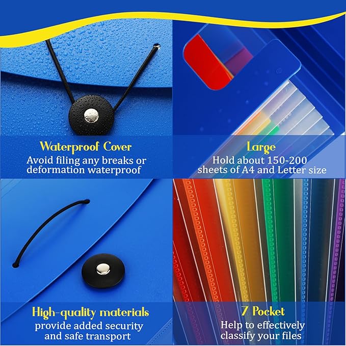 Glenmal 10 Pcs 7 Pocket File Folders File Organizer Expanding Folder with Labels Plastic Pocket A4 Letter Size Paper Organizer for Office Back to School Supplies(Red, Black, Blue)