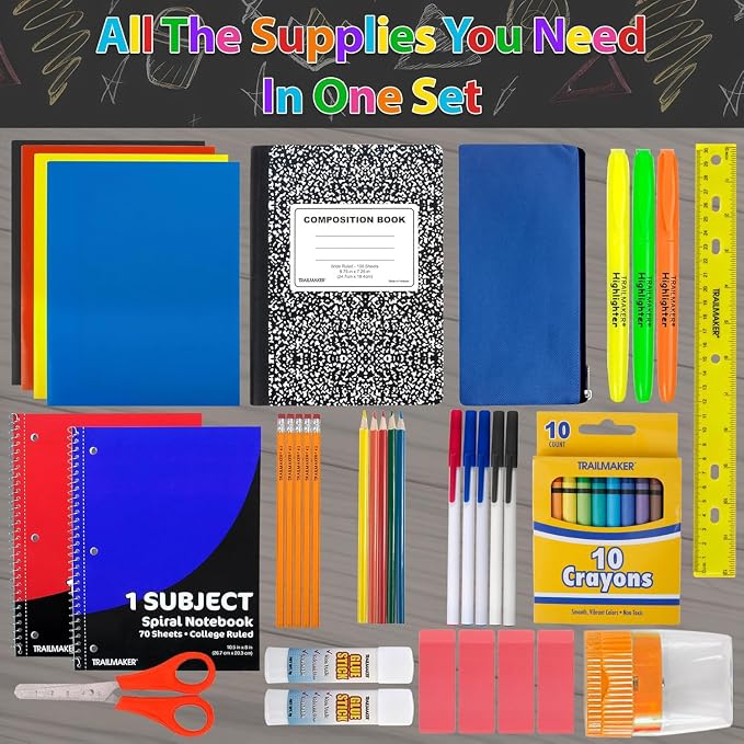Trailmaker 12 Pack Bulk School Supply Kits | 45 Piece Classroom Supply Sets for Elementary & Middle School | Notebooks, Pencils, Crayons & Essentials | Back to School Supply Kit for Students All in One Set